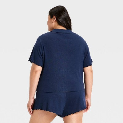 Women's Notch Collar Shirt & Shorts Pajama Set Wild Fable Blue 1X
