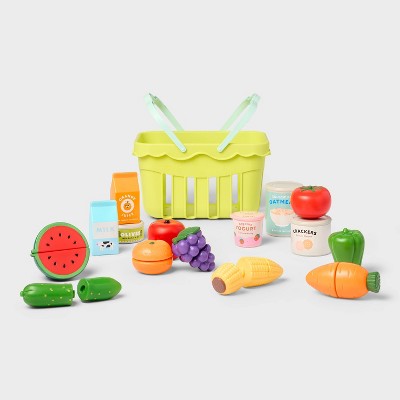 Grocery Basket with Play Food- 18 Piece - Gigglescape: Plastic, Ages 2+, Includes Play Fruit & Vegetables