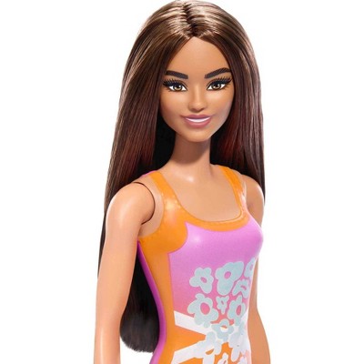 Barbie 12.7" Beach Barbie Doll Brown Hair/Brown Eyes Wearing Tropical Pink and Orange Swimsuit