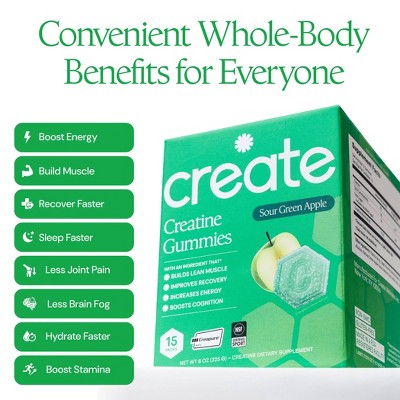 Create Wellness Gummies Made with Pure Creatine Monohydrate NSF Certified for Sport - Sour Green Apple - 45ct/15 Servings