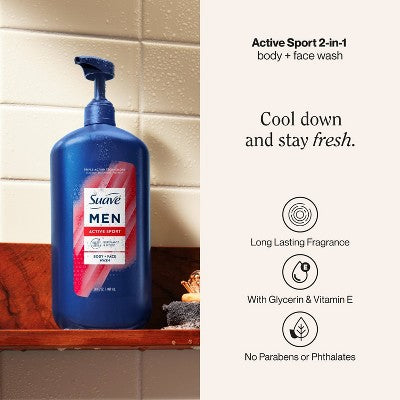 Suave Men's Sport Body Wash - 18 fl oz: Liquid, Basic Cleansing, Woodsy Bergamot, Whole Body Use