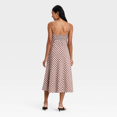 Women's Sleeveless Bow Midi ALine Dress A New Day Brown Gingham L