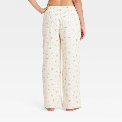 Women's Lace Trim Flannel Pajama Pants -Cream Floral XXS