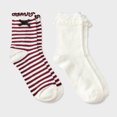 Women's Striped Waffle Knit 2pk Crew Socks with Bow Applique - Auden Berry/Ivory/Black 4-10