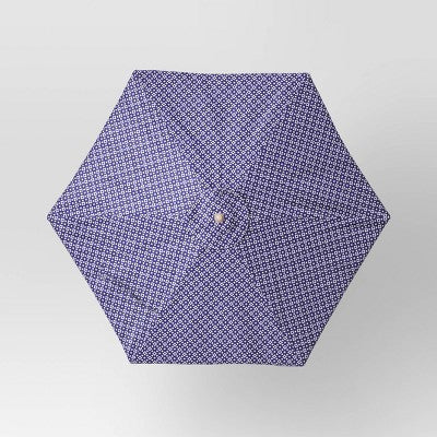 7.5' Quatrefoil Fringe Edge Outdoor Round Patio Market Umbrella Navy Blue with Faux Wood Pole - Threshold (LOCAL PICKUP ONLY)