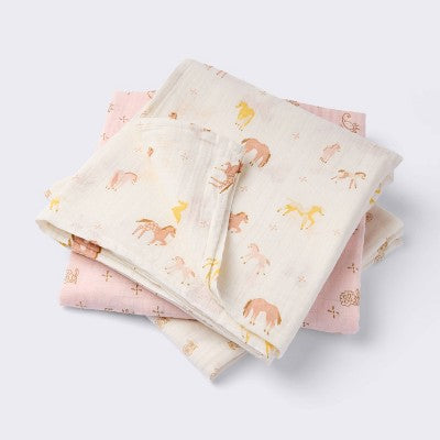 Muslin Swaddle Baby Blankets - Horses - 3pk - Cloud Island