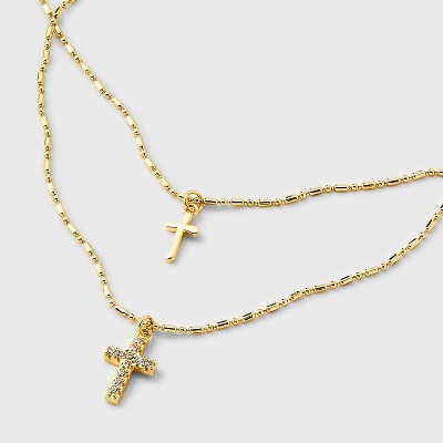 14K Gold Dipped Double Cross Pendant Multi-Strand Necklace - Gold