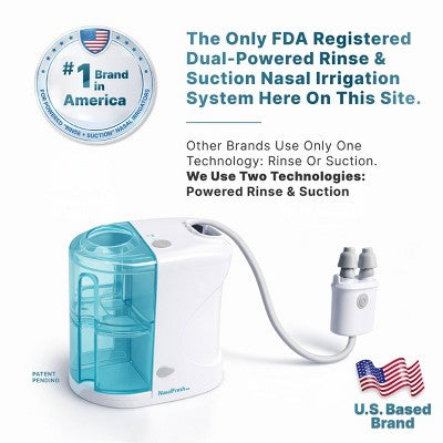 NasalFresh MD Dual Powered Nasal Irrigation System with 30 Saline Packets, Rechargeable, Includes Nose Pillows
