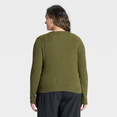 Women's Ribbed Cuff Cardigan Sweater - A New Day Olive 2X