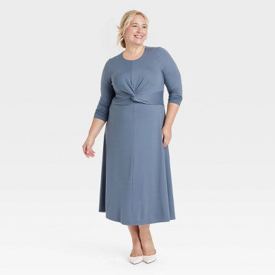 Women's Long Sleeve Twist-Front Midi Dress - A New Day Blue 1X