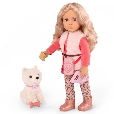 Our Generation Kinsley & Kenzi 18" Doll & Pet Puppy Set: Blonde Wavy Hair, Gray Eyes, Plastic & Polyester Material