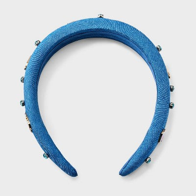 Back To School Embellished Denim Headband - Blue