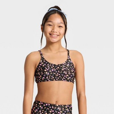 Girls' Floral Trilette Shirred Swimsuit Top - art class Black/Orange/Pink L