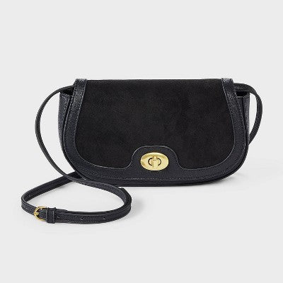 Faux Suede Turn Lock Wallet Crossbody - A New Day Black
