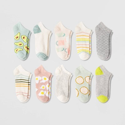 Women's Breakfast 10pk Low Cut Socks - Blue/Gray/Pink 4-10