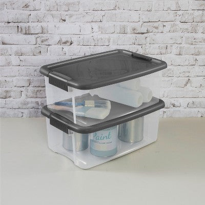 Sterilite 18qt Ultra Clear Latch Box Clear Base Flat Gray Lid and Latches: Portable Stackable Storage Tote with Handles