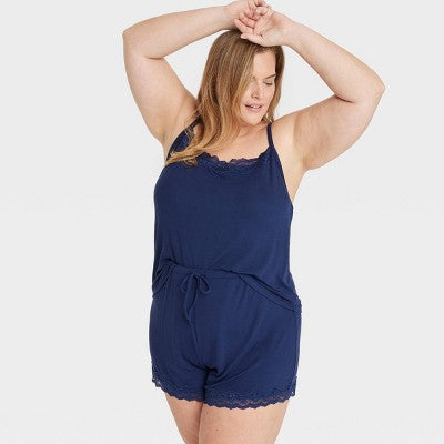 Women's Lace Trim Ribbed Cami Top and Shorts Pajama Set - Auden Navy Blue 2X: Modal Knit, Squareneck, Drawstring