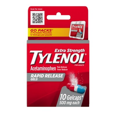 Tylenol Extra Strength Rapid Release Gelcaps - Acetaminophen Go Packs - 2ct/5pk: Whole Body, General Pain Relievers, 500mg Strength, Travel Size