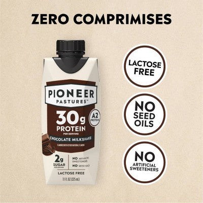 Pioneer Pastures A2 High Protein Milkshake - 30g Protein - Chocolate - Lactose Free - 4pk/11 fl oz