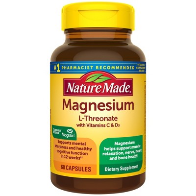 Nature Made Magnesium L-Threonate With Vitamin C & D3 Capsules - 60ct: Gluten-Free, No Artificial Flavors Supplement
