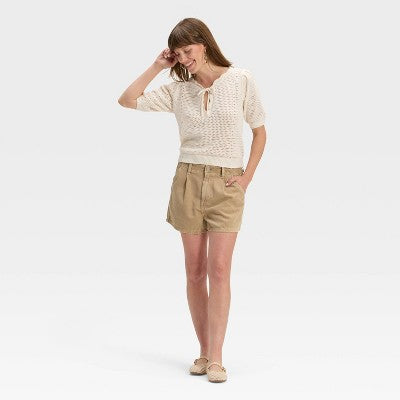 Women's High-Rise Pleated Jean Shorts - Universal Thread Khaki 16
