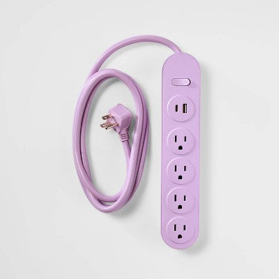 6' 4-Outlet Power Strip Extension Cord with USB and USB-C Ports Purple - heyday: Indoor Flat Extension Cord, 15A, 6ft