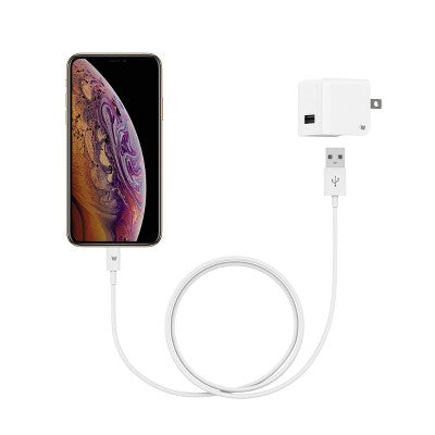 Just Wireless 2.4A/12W 1-Port USB-A Wall Charger with 5' TPU Lightning to USB-A Cable - White