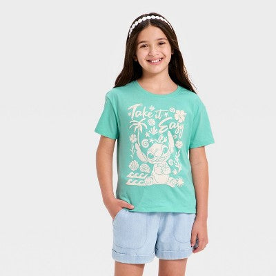 Girls' Disney Lilo & Stitch Short Sleeve Graphic T-Shirt - Aqua M