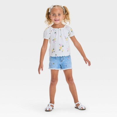 Toddler Girls' Floral Embroidered Shorts Cat & Jack Light Wash 5T
