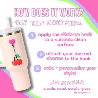 CharCharms Cherry Water Bottle Charm with Stick-On Hook Bundle: Drinkware Accessory, Dishwasher-Safe, Keychain Hook