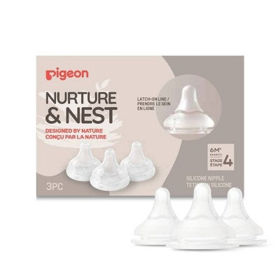 Pigeon Nurture & Nest Anti-colic Silicone Bottle Nipples with Latch-On Line - Level 4 - Fast Flow - 3pk