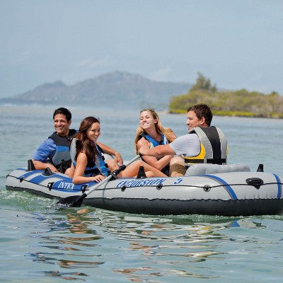 INTEX 68325EP Excursion 5 Inflatable Boat Set: Includes Deluxe 54in Boat Oars and High-Output Pump – Adjustable Seats with Backrest – Fishing Rod (LOCAL PICKUP ONLY)