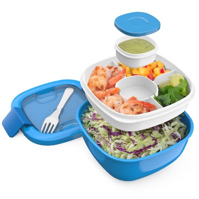 Bentgo Salad Stackable Lunch Container with Large 54oz Bowl, 4-Compartment Tray & Built-In Fork - Blue