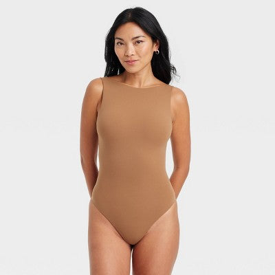 Women's Luxe Stretch Boatneck Thong Bodysuit - Auden Caramel M