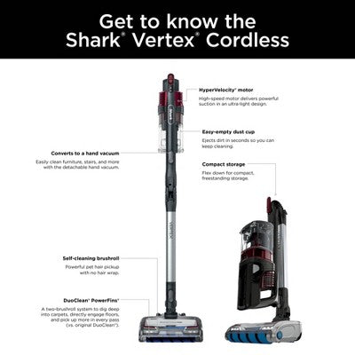 Shark Vertex Cordless Stick Vacuum with DuoClean PowerFins - IZ464H: Lightweight, Pet Hair, HEPA, 60 Min Run Time