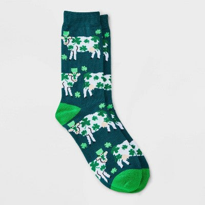Women's Lucky Cow St. Patrick's Day Crew Socks - Green 4-10: Recycled Polyester Blend, Animal Pattern, Banded Cuff, Knit Fabric