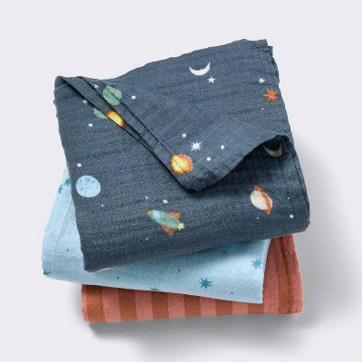 Muslin Swaddle Baby Blanket - Space - 3pk - Cloud Island: 47" x 47" Soft Cotton, Logo Pattern, 180 Thread Count