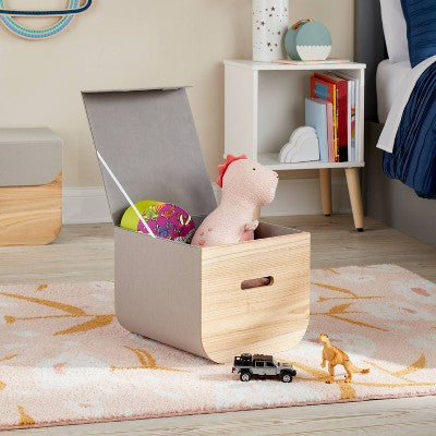 Medium Natural Wood Kids' Storage with Lid Gray - Pillowfort