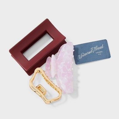 Mixed Shape Abstract Claw Hair Clip Set 3pc - Universal Thread Gold/Maroon/Pink