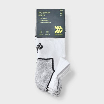 Women's Cushioned Active Accents 4pk Athletic Tab No Show Socks - All In Motion White/Gray 4-10: Recycled Polyester, Arch Support