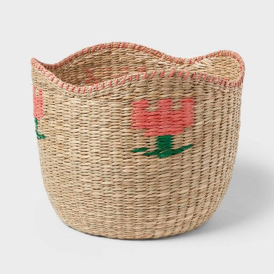Large Woven Kids' Storage Basket with Pink Flower - Pillowfort