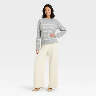 Women's Fuzzy Pullover Sweater - A New Day Light Gray M