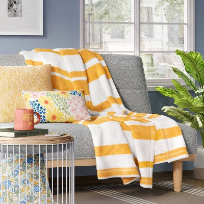 Printed Plush Striped Throw Blanket Yellow - Room Essentials