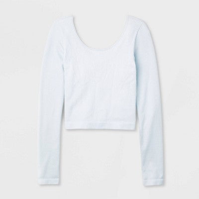 Women's Long Sleeve Neck T-Shirt - Wild Fable Soft Blue L: