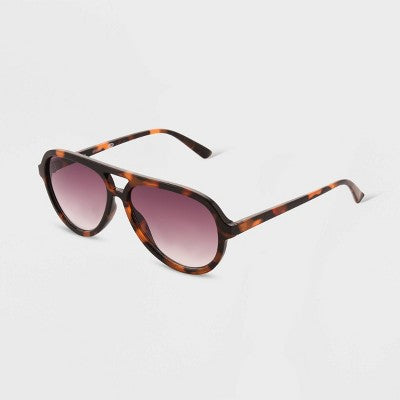 Women's Tortoise Print Shiny Plastic Metal Aviator Sunglasses - Universal Thread Dark Brown