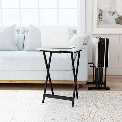Linon 4pc 26.4" Talia TV Tray Table Set Faux Marble with Storage Rack White (LOCAL PICKUP ONLY)
