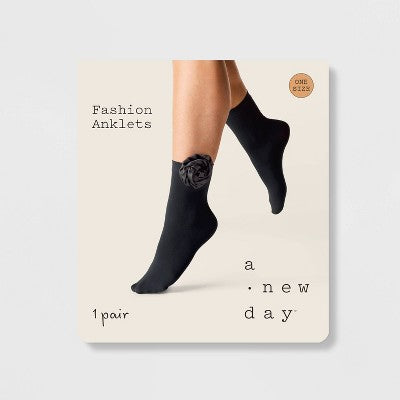 Women's Rose Applique Opaque Anklet Socks - A New Day Black 4-10: Nylon Spandex Knit, Banded Cuff, Floral Pattern