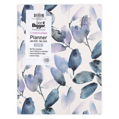 PlanAhead, See it Bigger, Jan 2025-Dec 2026 Monthly, Planner, 8.5"x11", Blue Leaf Floral