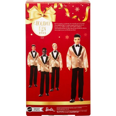 Barbie Signature 2025 Holiday Black Hair Ken Collectible Fashion Doll wearing Full Suit with Golden Jacket