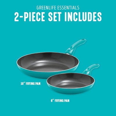 GreenLife Essentials 2pk (8" and 10") Ceramic Nonstick Aluminum Fry Pan Set Caribbean Blue: Cookware Set, Dishwasher-Safe